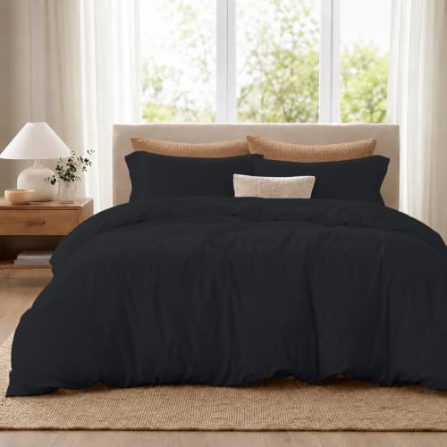 ROYALE LINENS Black Duvet Cover Queen Size - Queen Duvet Cover Set - 3 Piece Double Brushed Queen Duvet Covers with Zipper Closure, 1 Queen Duvet Cover 90x90 inches and 2 Pillow Shams (Queen, Black)