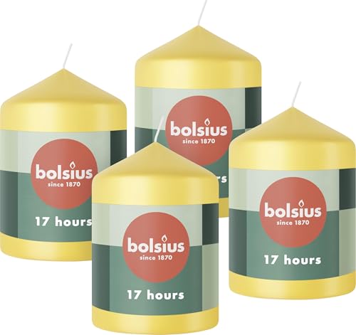 Bolsius Pillar Candles - Yellow - 4-Pack - 8 x 6 cm - Decorative Household Candles - Long Burning Time of 17 Hours - Unscented - Includes Natural Vegan Wax - Without Palm Oil