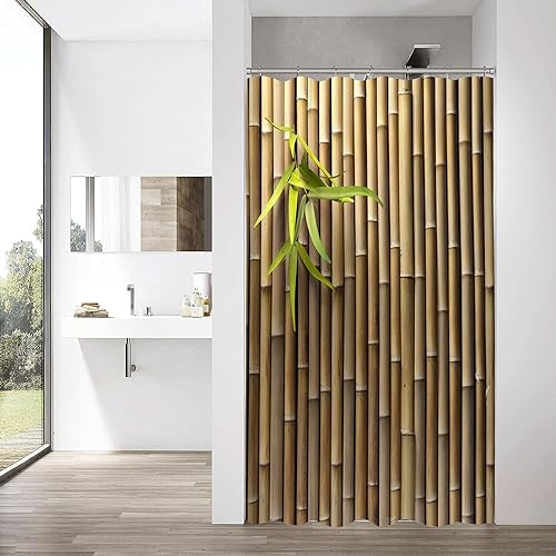 hipaopao Bamboo 3D Printed Outdoor Stall Shower Curtain Zen Japanese Nature Fabric Shower Curtains Sets Bathroom Decor with Hooks Waterproof Washable 36 x 72 inches Brown Green