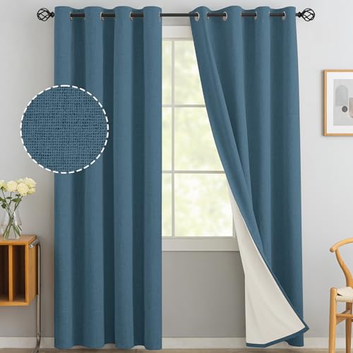 Yakamok Dusty Blue Linen Textured Curtains 96 Inches Long for Living Room - 100% Blackout Curtains,Room Darkening Curtains,Thermal Grommet Bedroom Curtain 2 Panels with Greyish White Liner,52W x 96L