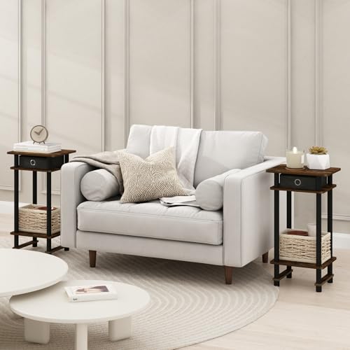 Furinno MODERN Side Table Set of 2, 3-Tier End Table with Storage Bin, Open Shelf Night Stand, Bedside Table, for Living Room, Bedroom, Amber Oak