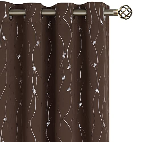 BGment Blackout Curtains 63 Inch Length 2 Panels Set Grommet Thermal Insulated Room Darkening Window Curtains with Wave Line and Dots Printed for Bedroom, 52 x 63 Inch, Brown
