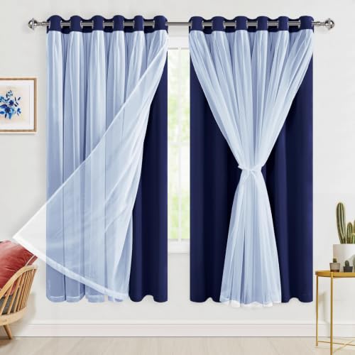 Hiasan Blackout Curtains with Sheer Overlay, Thermal Insulated Privacy Mix and Match Double Layer Window Curtains for Bedroom, Living Room, 2 Drape Panels Sewn with Tiebacks, Navy Blue, 70W X 63L