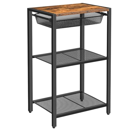 HOOBRO Tall Side Table, 3-Tier Industrial Telephone End Table with Storage Shelves and Basket, Small Laptop Table for Living Room, Bedroom, Office, Rustic Brown EBF06DH01