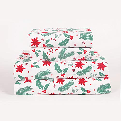 HowPlum 4-Piece Christmas Holiday Mistletoe Poinsettia Deep Pocket King Microfiber Bed Sheet Set, Green Red White