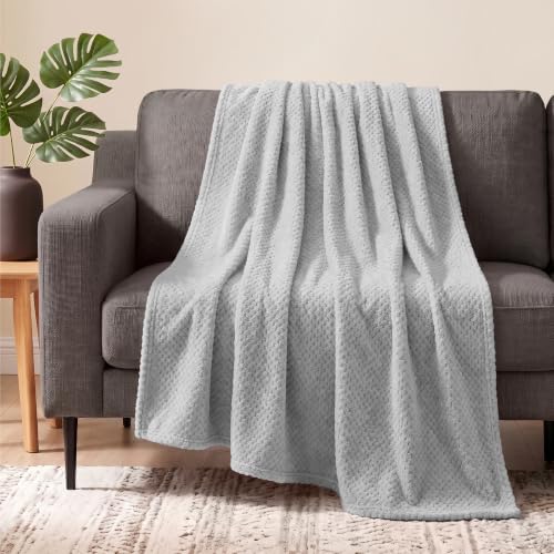 "PAVILIA Light Grey Throws for Couch Bed, Soft Fleece Throws for Sofa and Chair, Fluffy Waffle Textured Blanket, Cozy Warm Lightweight All Seasons, 50""x60"""