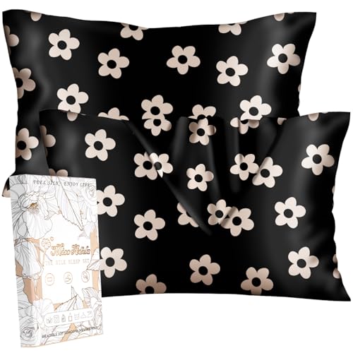 "Miss Adola Silk Pillowcase 2 Pack - Cute Pillow Cases 20"" x 26"" Standard Size Set of 2 for Hair and Skin Smooth Soft Breathable with Hidden Zipper Cooling Pillow Covers for Sleeping, Black Flower"