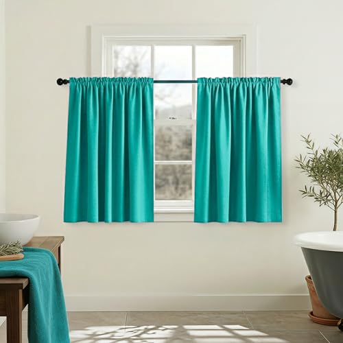 Mrs.Naturall Turquoise Thermal Insulated Blackout Curtains, Short Cafe Tiers for Kitchen Bedroom Bathroom Small Window