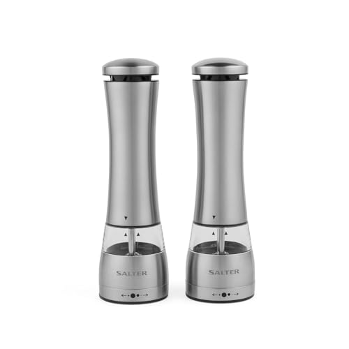Salter Electric Salt & Pepper Mill Set, LED Light, Adjustable Grind - 1-Hand Push Button Operation, Durable Ceramic Mechanism, Clear Acrylic Window, Stainless Steel Accents, 2-Piece Set