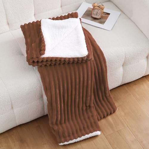Linecooo Chocolate Sherpa Fleece Throw Blanket 50?????60??? for Couch Sofa Bed - Double Side Soft Fuzzy Cozy Plush Thick Flannel Blanket with Striped Design Gift for Adults,Woman