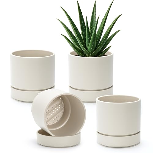 Phoenix Vine 6 Inch Planter Pot with Drainage Hole & Saucer, Deep Water Catch Tray, Straight Cylindrical Round Pot for Plants, Oatmeal, Pack of 4, 23-E-S-4