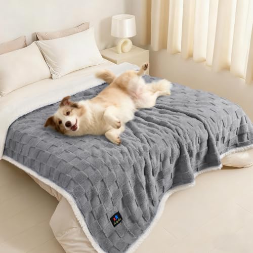 Luciphia Waterproof Dog Blanket for Large Dogs Washable Soft Sherpa Fleece Cat Blankets with 3D Jacquard Cozy Calming Reversible Bed Couch Protector Furniture Protection for Pet,Gray White, 85x57 inch