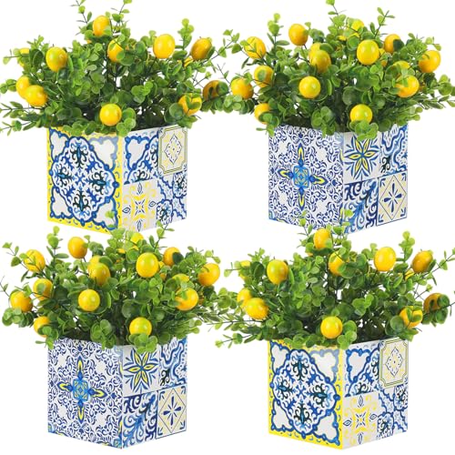Giegxin Blue Tiles Lemon Table Centerpiece Decor Amalfi Coast Box Decorations with Artificial Lemon Branches for Capri Mediterranean Positano Wedding Birthday Party Decor(4 Sets)