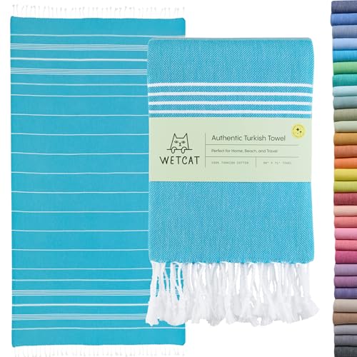 WETCAT Turkish Beach Towel Oversized 38x71 100% Cotton Sand Free Quick Dry Towel Extra Large Turkish Towel Light Travel Towel for Adults Beach Gifts Beach Accessories - Turquoise