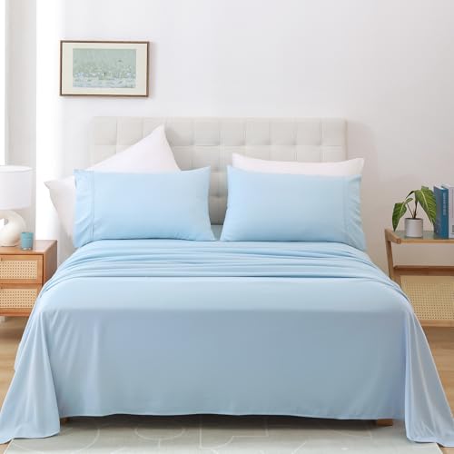 Full Size Sheet Set, 4 Piece Soft Bed Sheets, Deep Pockets - Breathable and Cooling Microfiber, Wrinkle Free, Hotel Luxury Bed Sheet for Women & Men, Oeko-Tex, Ice Blue