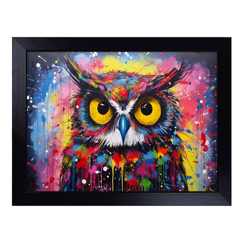 Lap Tray with Bean Bag Cushion, Owl Pop Art - Handmade in the UK, Raised Wooden Edge, Padded Cushion, Heat-Resistant Wipe-Clean Surface, for Meals, Laptops and Crafts