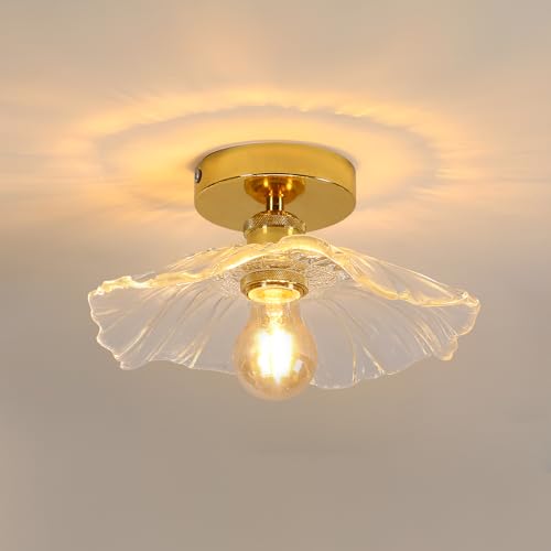 Comely Corridor Ceiling, E27 Flower Shape Ceiling Lamp, Small Transparent Glass Ceiling, Gold Base, 28cm Length, Lamp Not Included
