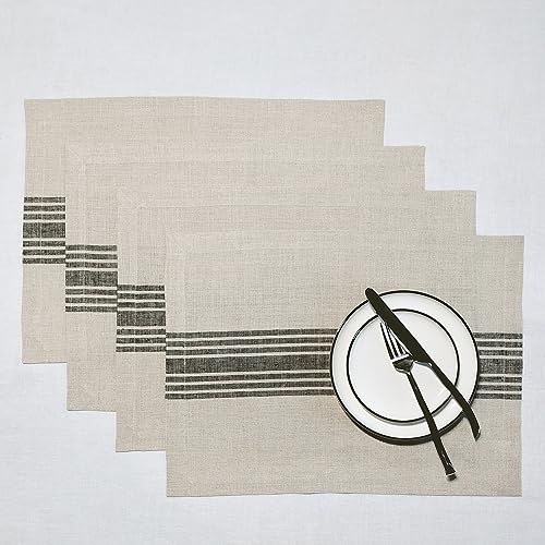 Solino Home 100% Pure Linen Placemats, 14 x 19 in, Black Striped, Set of 4 - Farmhouse Place Mats place settings for daily dining vintage grain sack centre stripe Black and Natural OEKO-TEX Certified