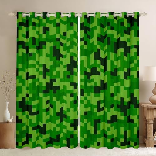 Green Pixelated Miner Curtains,Video Games Window Curtain,Kids Boys Girls Teens Room Decor,Cartoon Gamepad Window Treatment Curtain Modern Geometric Check Window Drapes,2 Panels,52Wx96L