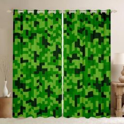 Green Pixelated Miner Curtains,Video Games Window Curtain,Kids Boys Girls Teens Room Decor,Cartoon Gamepad Window Treatment Curtain Modern Geometric Check Window Drapes,2 Panels,52Wx96L