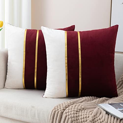 ZLINA Set of 2 Velvet Decorative Throw Pillow Covers Red White Patchwork with Gold Leather Pillow Covers 18 ?? 18 Inch Cushion Covers Decor Living Room Sofa Bedroom Car