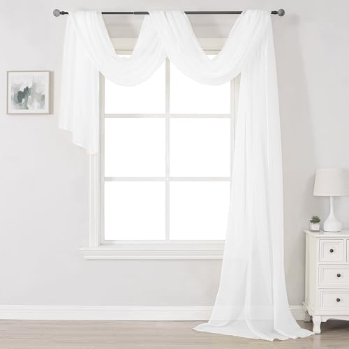 DONREN White Sheer Window Valance - Luxury Soft Semi-Sheer Scarf for Window Wedding Arch Curtains (1 Panel, 52 x 216 Inch Length)