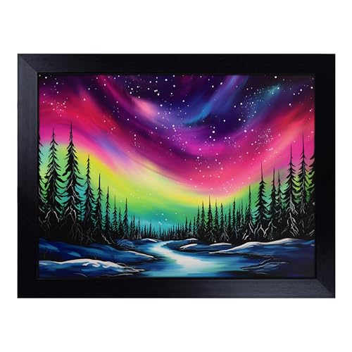 Lap Tray with Bean Bag Cushion, Northern Lights Pop Art - Handmade in the UK, Raised Wooden Edge, Padded Cushion, Heat-Resistant Wipe-Clean Surface, for Meals, Laptops and Crafts