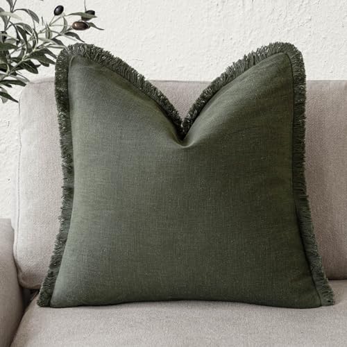 Foindtower Decorative Linen Fringe Throw Pillow Covers Cozy Boho Farmhouse Cushion Cover with Tassels Soft Accent Pillowcase for Chair Sofa Bed Living Room Home Decor, 18??18 Inch, 1PC,Dark Olive Green