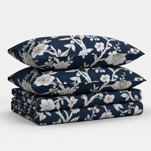 Tribeca Living Soft Cotton Sateen Floral Print, Extra Deep Pocket, 300 Thread Count, 4-Piece Bed Sheet Set, Full Size, Colmar Navy Blue/Multi