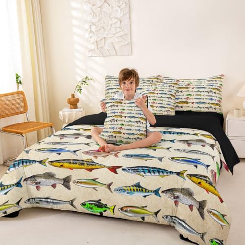 Erosebridal Kids Fishing 7-Piece Bed in a Bag Full Size for Boys Teens ???Retro Beige???- Rustic Country Fish Bedding Set Hunting and Fishing Comforter Set with Sheets Colorful Fishes Duvet Insert