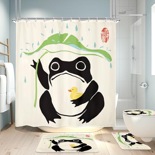 LGhtyro 4PCS Funny Frog 71Wx71H Inches Duck Traditional Japanese Leaf Rain Shower Curtain Sets with Rugs,Toilet Lid Cover and Bath Mat,Lovely Bath Accessories Art Home Decor Fabric 12 Pack Hooks