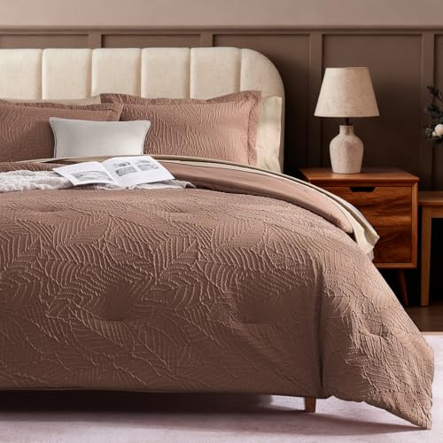 Queen Comforter Set - 7 Pieces Brown Bed in a Bag Queen Bedding Sets - All Season Botanical Textured Comforter Bed set with Sheets, Pillowcases & Shams