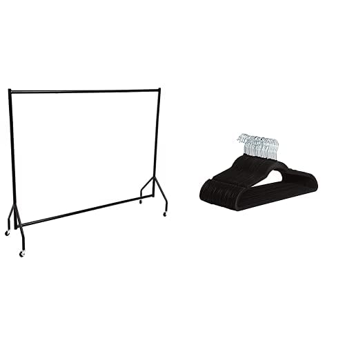 Amazon Basics Heavy Duty Clothes Rail Garment Rail, 1.82 x 1.52 m & Suit Hangers, Velvet - Black, Set of 30