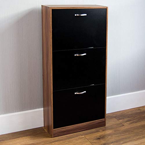 Vida Designs Shoe Cabinet, Wooden Shoe Storage Unit with 3 Pull-Down Drawers, Multifunctional Dust-Proof Space-Saving Slim Cupboard for Hallway or Entryway (Walnut & Black)