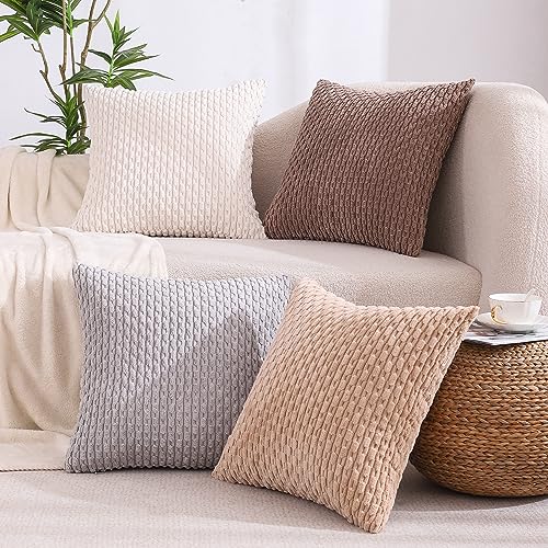 VAKADO Couch Throw Pillow Covers 16x16 Set of 4 Decorative Neutral Corduroy Boho Rustic Farmhouse Cushion Case Square for Home Decor Sofa Living Room Bed