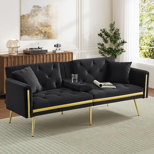 Ball & Cast 3 Seater Sofa Bed with Adjustable Backrest, Gold Accents and Built-in Cup Holders, 3 Seater Sofa/Folding Bed for for Living Room and Bedroom, Black