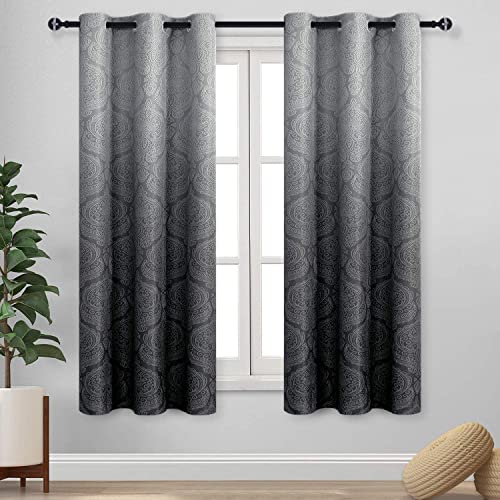 DWCN Black Ombre Curtains for Bedroom - Damask Patterned Thermal Insulated Blackout Room Darkening Energy Saving Grommet Curtains for Living Room, Set of 2 Window Curtain Panels, 46 x 72 Inches Long