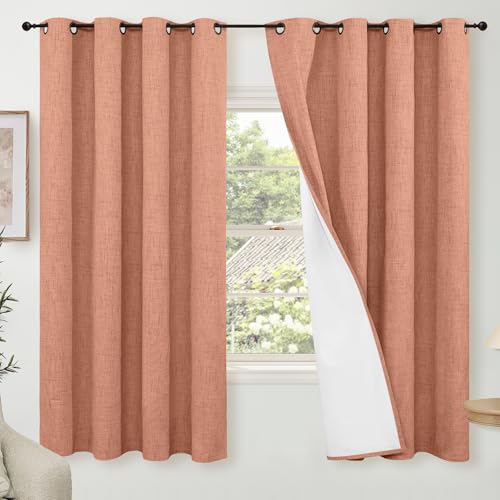 Lajode 60 Inch Wide Linen Blackout Fall Curtains for Bedroom, Terracotta Curtains 63 Inch Long 2 Panels, Total Black Out Thermal Insulated Energy Saving Boho Window Drapes, 60x63 Inch 2 Panels