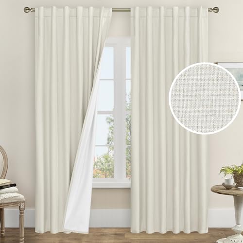 LAMIT 100% Blackout Curtains for Bedroom, 90 Inch Linen Textured Thermal Insulated Living Room Curtains Back Tab and Rod Pocket Farmhouse Neutral Panels with White Liner, 2 Panels, 52 x 90 Inch, Ivory