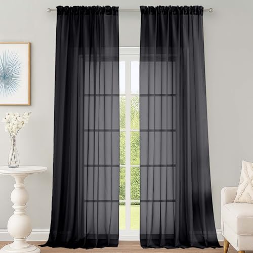 "OWENIE Black Sheer Curtains 120 Inches Long 2 Panels Set, Airy Lightweight Sheer Black Curtain for Living Room Bedroom, Farmhouse Voile Filmy Rod Pocket Curtains Drapes, 2 Pcs, Each 59"" Wx120 L Inch"