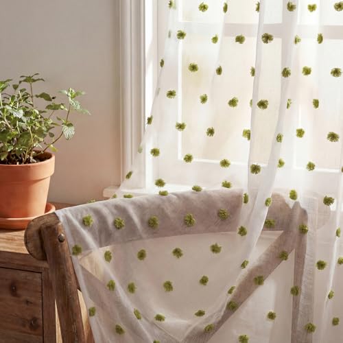 "Horaldaily White Sheer Curtains for Living Room and Bedroom, Boho Drapes Farmhouse Green Pom Pom Curtains Light Filtering Sheer Nursery Kids, 52"" W x 96"" L, Set of 2 Curtain Panels"