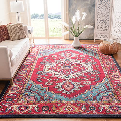 Safavieh Boho Rug for Living Room, Dining Room, Bedroom - Monaco Collection, Short Pile, in Red and Turquoise, 200 x 200 cm