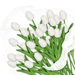 Relaxdays Artificial Tulips, 24 Realistic Plastic Flowers, Faux Blooms, Fake Bouquet, Approx. 33.5 cm Tall, White/Green