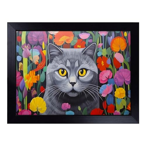 Lap Tray with Bean Bag Cushion, Cat Contemporary - Handmade in the UK, Raised Wooden Edge, Padded Cushion, Heat-Resistant Wipe-Clean Surface, for Meals, Laptops and Crafts
