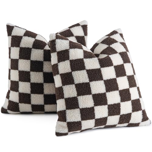 AmHoo Pack of 2 Decorative Throw Pillow Covers Checkerboard Luxury Super Soft Faux Fur Wool Set Case Cushion for Couch Sofa Bedroom 18 x 18-Inch Coffee