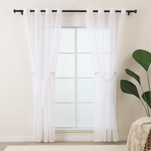 "L.Z.E White Sheer Curtains for Living Room 2 Panels Set, Grommet Window Sheers 72 Inch Length, Transparent Drapes with Tiebacks Curtains & Drapes (56"" W x 72"" L White)"