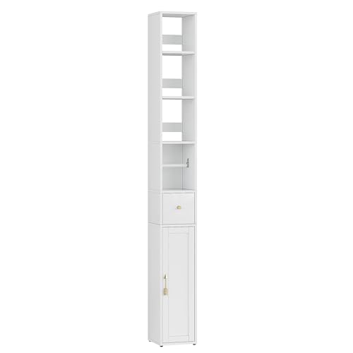 VECELO Bathroom Tall Cabinet, Freestanding Slim Storage Cupboard with Adjustable Shelves and Toilet Paper Scroll, Narrow Organizer Unit for Bedroom Living Room Hallway