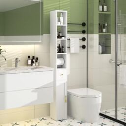 VECELO Bathroom Tall Cabinet, Freestanding Slim Storage Cupboard with Adjustable Shelves and Toilet Paper Scroll, Narrow Organizer Unit for Bedroom Living Room Hallway