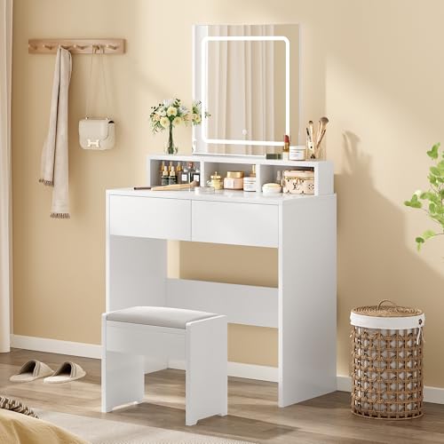 Farini Dressing Table with LED Lights and Mirror, Vanity Desk with Adjustable Brightness, 2 Drawers, 3 Open Shelves, Waterproof Panels, 80x40x140.5cm, White