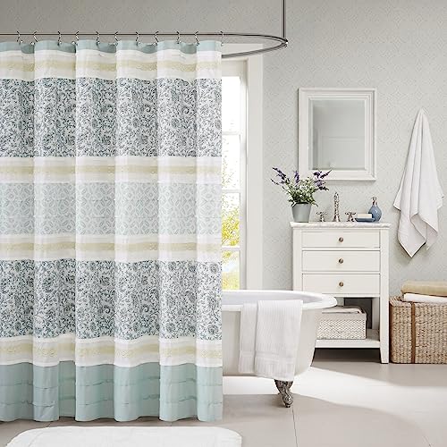 Madison Park Dawn Modern Cotton Fabric Shower Curtain, Cottage/Country Print Design Shower Curtains for Bathroom, 72 X 72, Blue